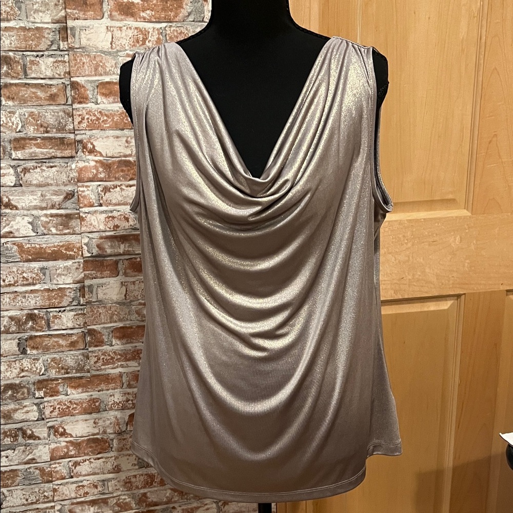 212 Collection Liquid Gold Shimmer Cowl Neck Sleeveless Top Metallic Party Top L